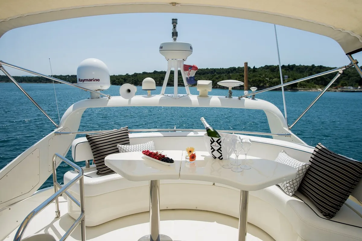 Deck of Senza Parole, a Aicon 56 motor yacht at Podstrana - Miljevac, Croatia