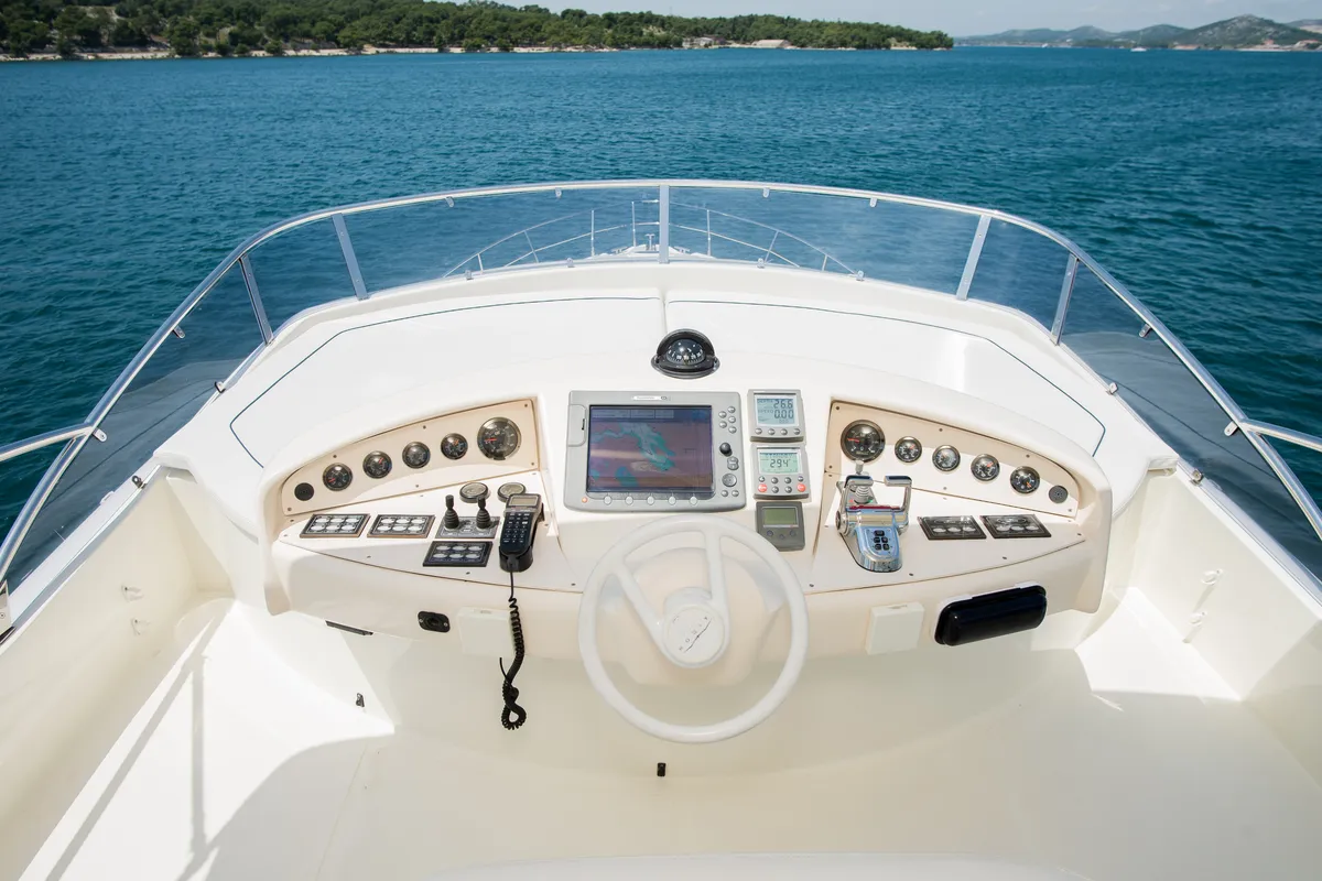 Cockpit of Senza Parole, a Aicon 56 motor yacht at Podstrana - Miljevac, Croatia