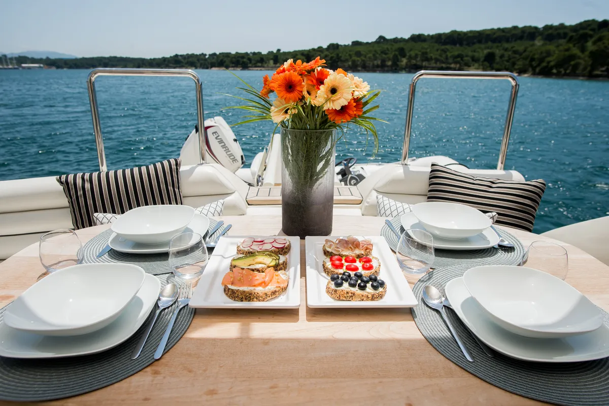 Deck of Senza Parole, a Aicon 56 motor yacht at Podstrana - Miljevac, Croatia