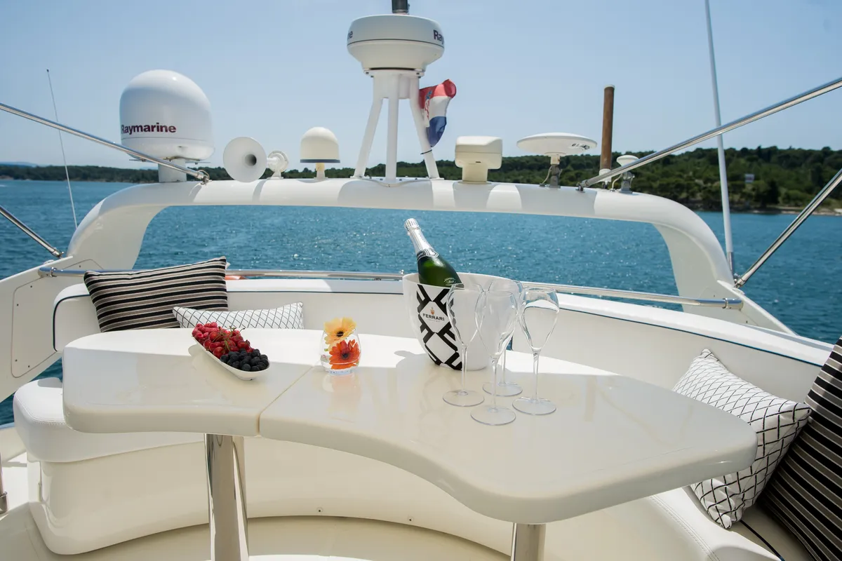 Deck of Senza Parole, a Aicon 56 motor yacht at Podstrana - Miljevac, Croatia