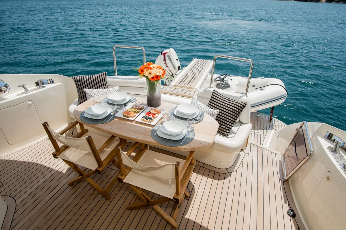 Deck of Senza Parole, a Aicon 56 motor yacht at Podstrana - Miljevac, Croatia
