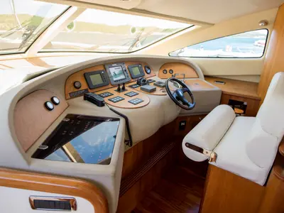Cockpit of Senza Parole, a Aicon 56 motor yacht at Podstrana - Miljevac, Croatia