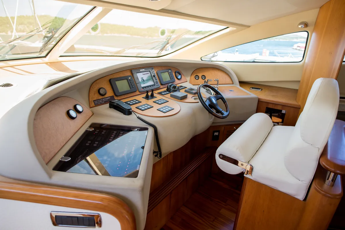 Cockpit of Senza Parole, a Aicon 56 motor yacht at Podstrana - Miljevac, Croatia