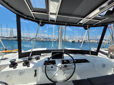 Cockpit of Pergisos, a Lagoon 46 catamaran at Ellomenos, Greece