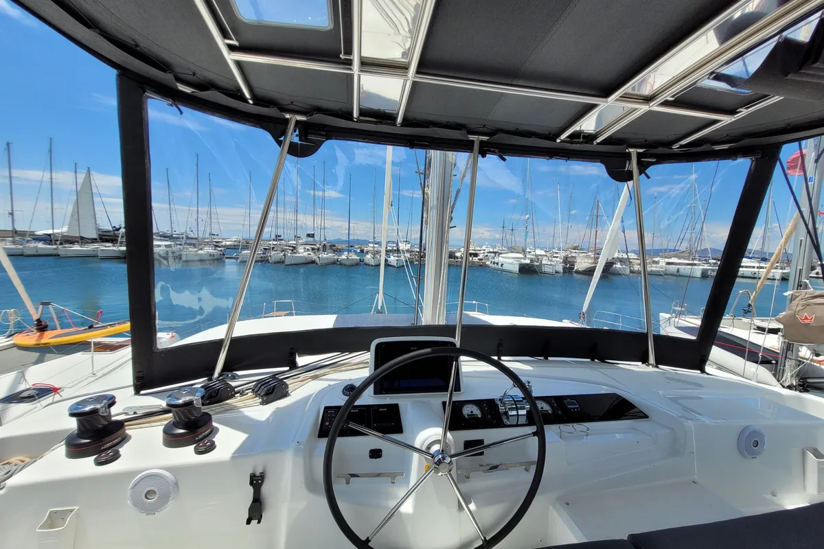 Cockpit of Pergisos, a Lagoon 46 catamaran at Ellomenos, Greece
