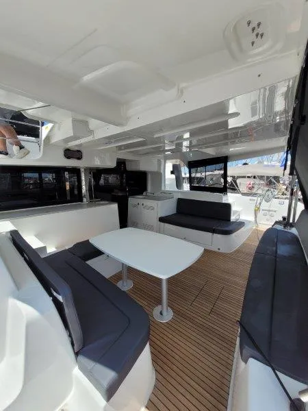 Deck of Pergisos, a Lagoon 46 catamaran at Ellomenos, Greece