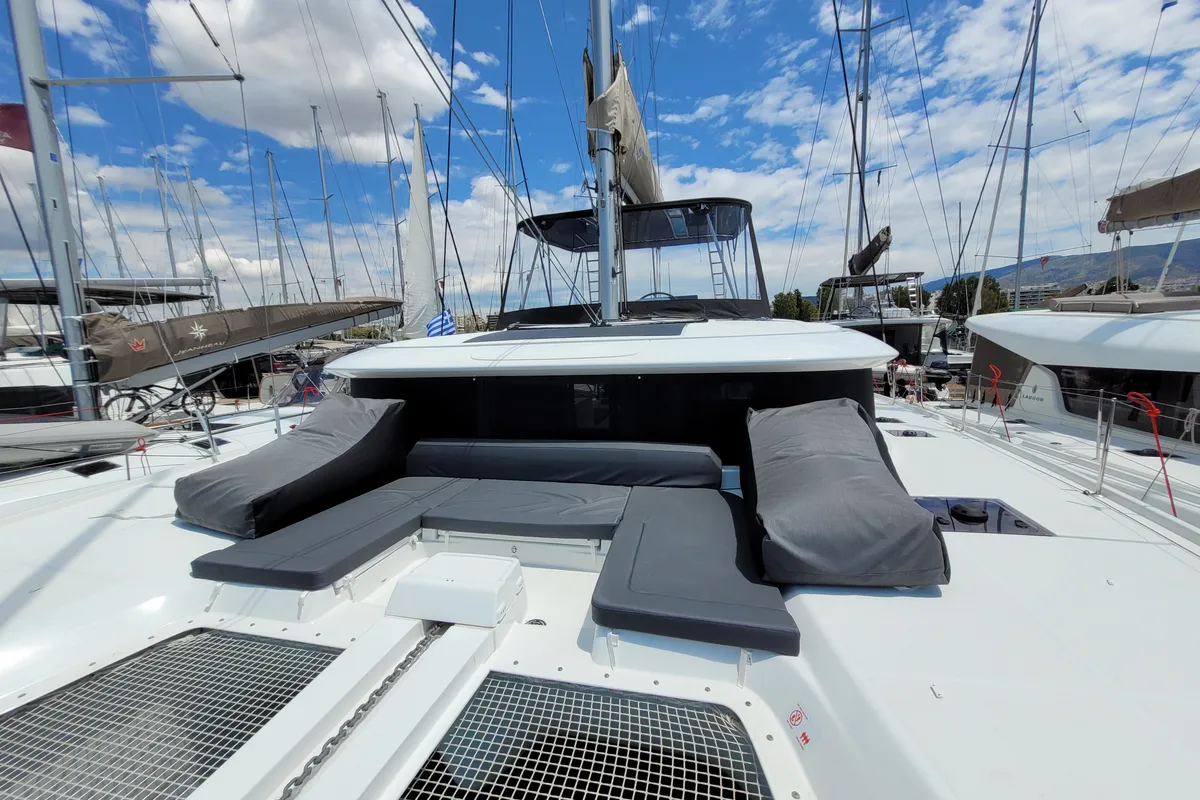 Deck of Pergisos, a Lagoon 46 catamaran at Ellomenos, Greece