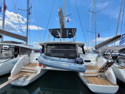 Exterior view of Pergisos, a Lagoon 46 catamaran at Ellomenos, Greece