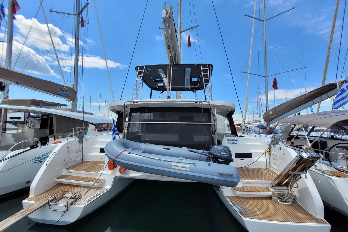 Exterior view of Pergisos, a Lagoon 46 catamaran at Ellomenos, Greece