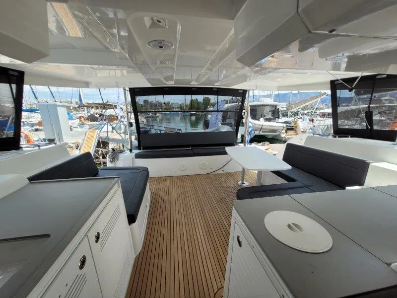 Deck of Pergisos, a Lagoon 46 catamaran at Ellomenos, Greece