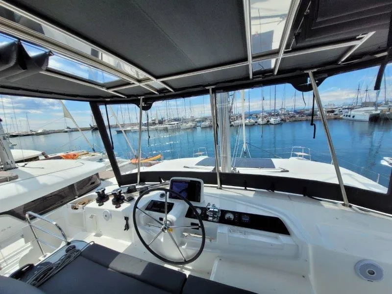 Cockpit of Pergisos, a Lagoon 46 catamaran at Ellomenos, Greece