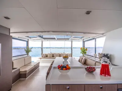 Salon of Sikelia, a Bali 5.4 catamaran at Capo d'Orlando, Italy