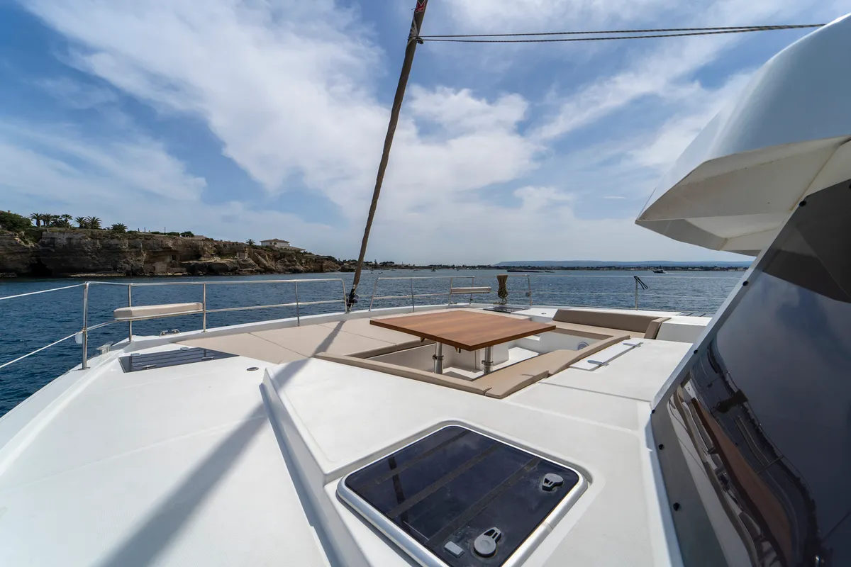 Deck of Sikelia, a Bali 5.4 catamaran at Capo d'Orlando, Italy