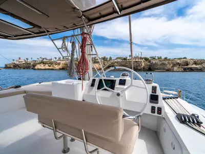 Cockpit of Sikelia, a Bali 5.4 catamaran at Capo d'Orlando, Italy