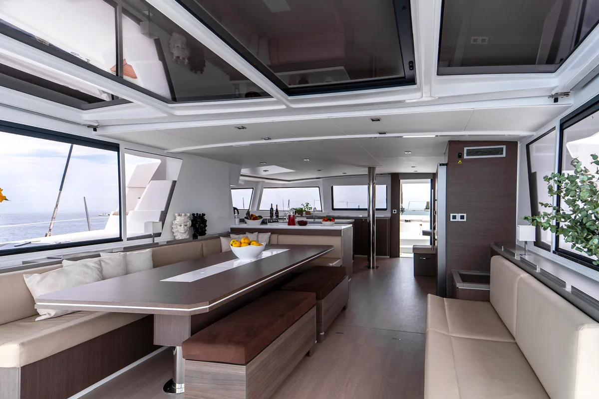 Salon of Sikelia, a Bali 5.4 catamaran at Capo d'Orlando, Italy