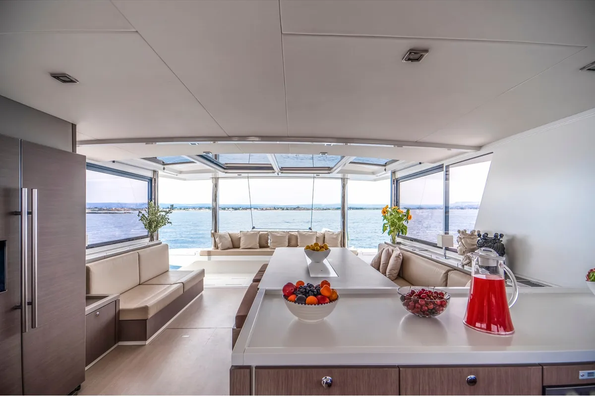 Salon of Sikelia, a Bali 5.4 catamaran at Capo d'Orlando, Italy