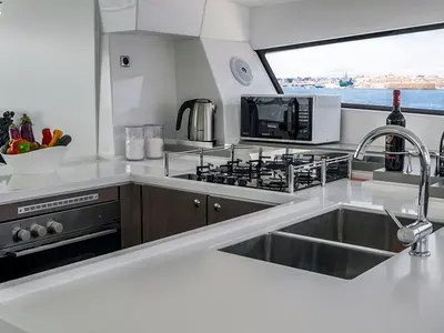 Galley of Sikelia, a Bali 5.4 catamaran at Capo d'Orlando, Italy