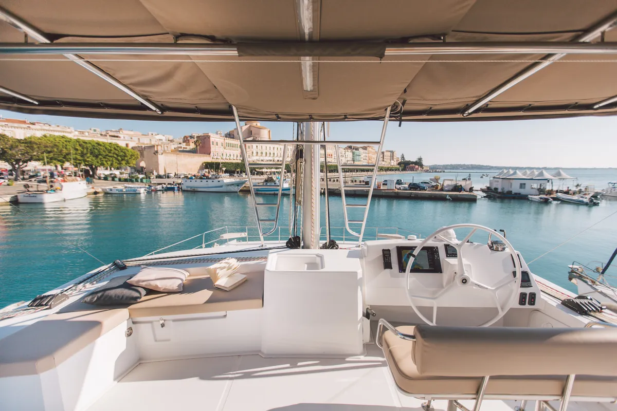 Cockpit of Sikelia, a Bali 5.4 catamaran at Capo d'Orlando, Italy