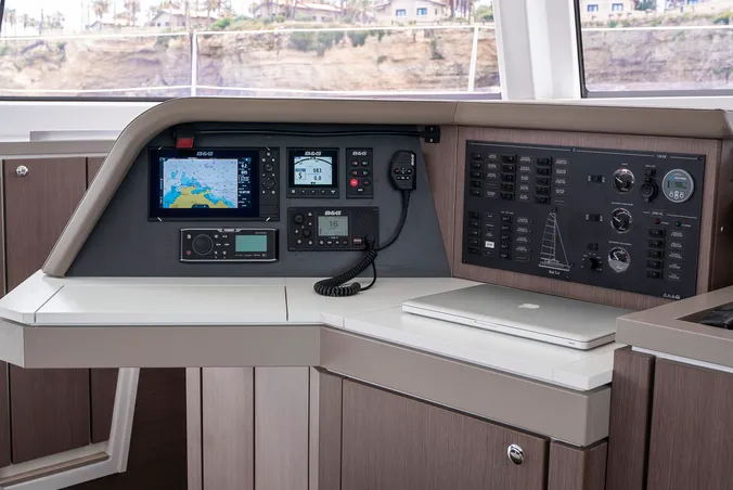 Cockpit of Sikelia, a Bali 5.4 catamaran at Capo d'Orlando, Italy