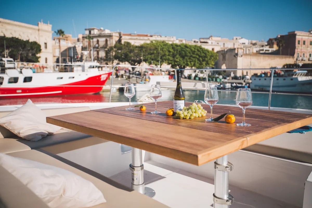Deck of Sikelia, a Bali 5.4 catamaran at Capo d'Orlando, Italy