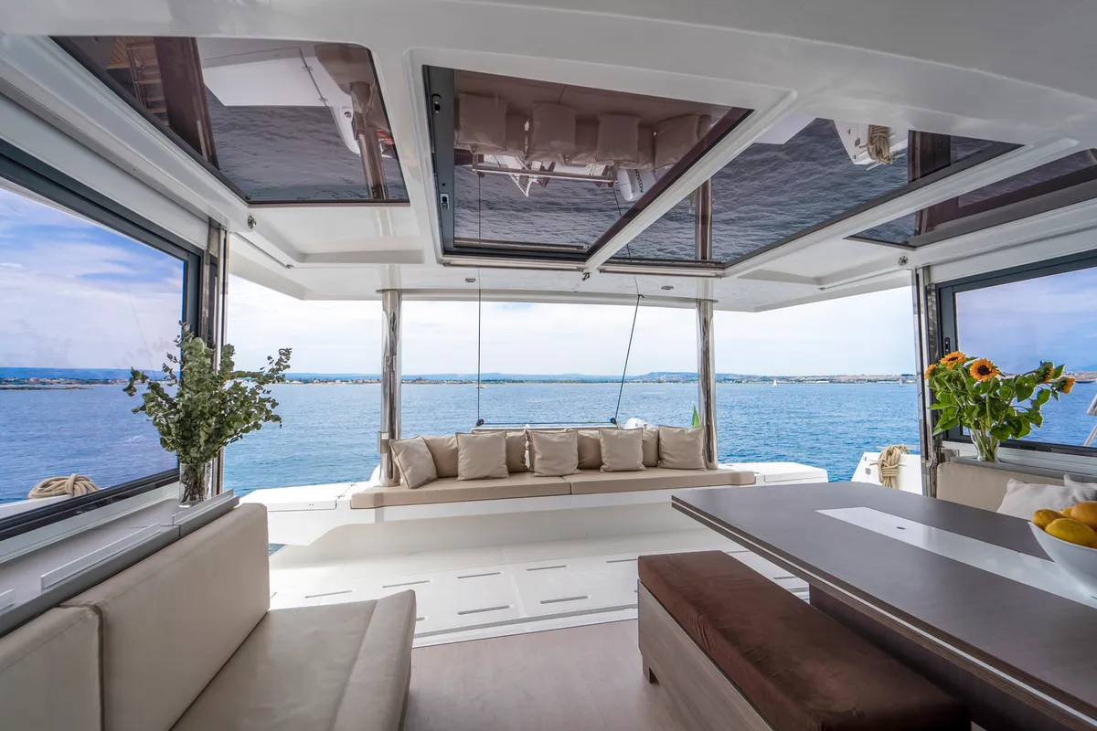 Salon of Sikelia, a Bali 5.4 catamaran at Capo d'Orlando, Italy