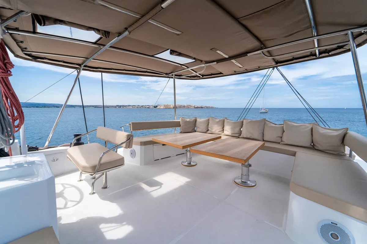 Deck of Sikelia, a Bali 5.4 catamaran at Capo d'Orlando, Italy