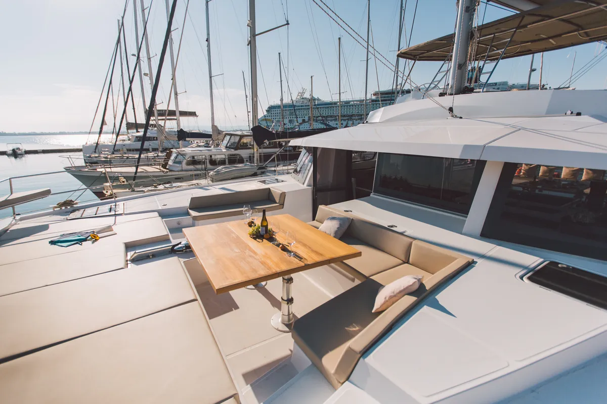 Deck of Sikelia, a Bali 5.4 catamaran at Capo d'Orlando, Italy