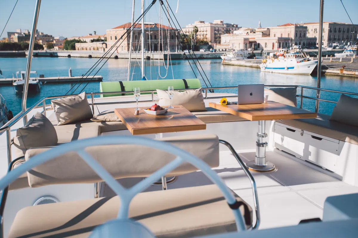 Cockpit of Sikelia, a Bali 5.4 catamaran at Capo d'Orlando, Italy