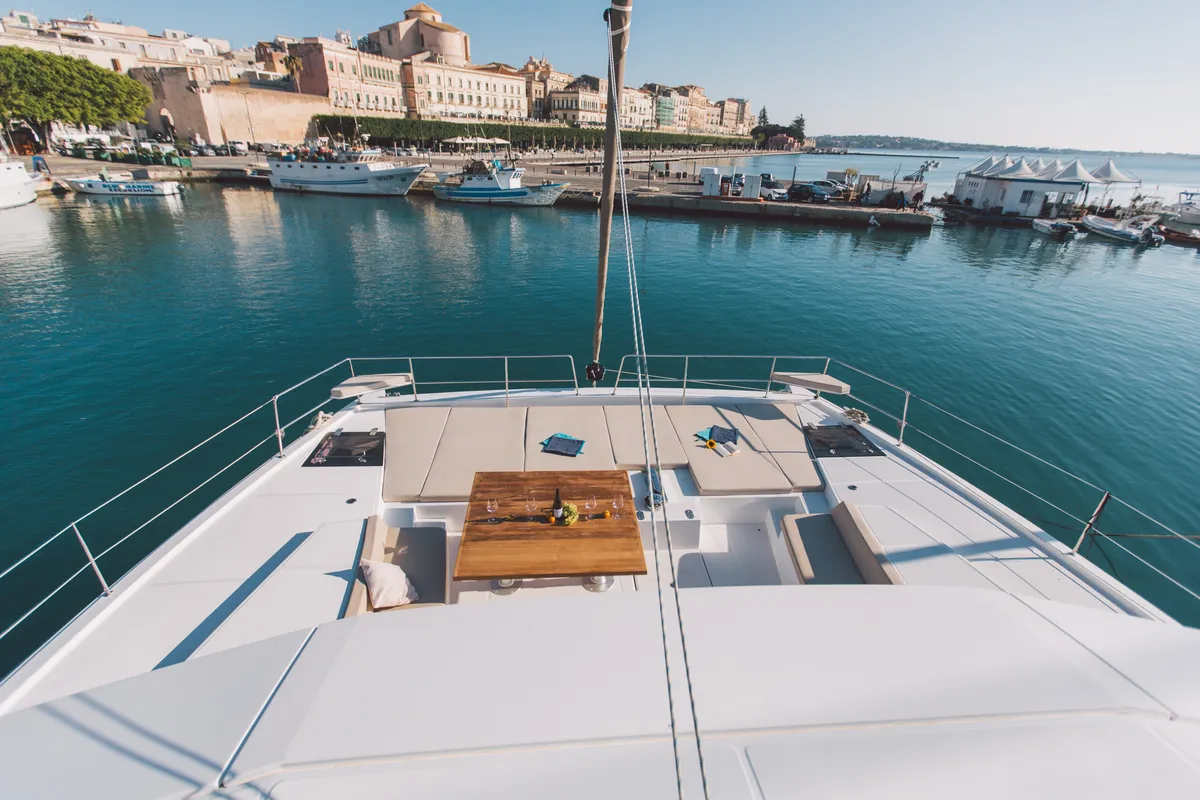 Deck of Sikelia, a Bali 5.4 catamaran at Capo d'Orlando, Italy