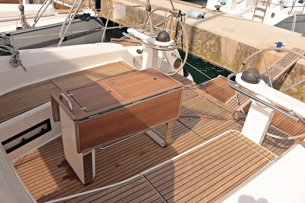 Deck of Sophia, a Bavaria Cruiser 45 sailboat at Sukošan, Croatia
