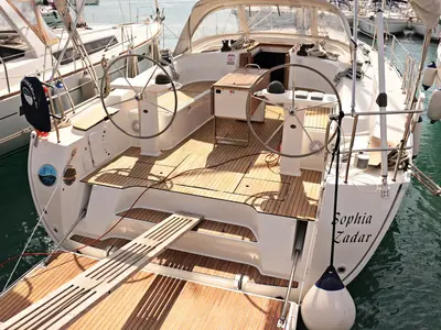 Cockpit of Sophia, a Bavaria Cruiser 45 sailboat at Sukošan, Croatia