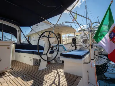 Cockpit of Hybris, a Beneteau Oceanis 51.1 sailboat at Tonnarella, Italy