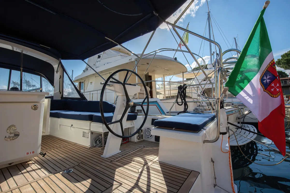 Cockpit of Hybris, a Beneteau Oceanis 51.1 sailboat at Tonnarella, Italy