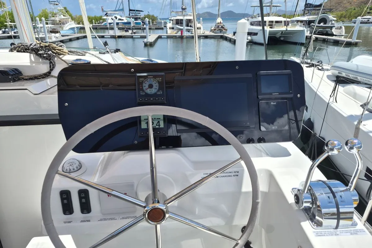 Deck of Selah, a Fountaine Pajot FP 44 Maestro catamaran at Road Town, British Virgin Islands