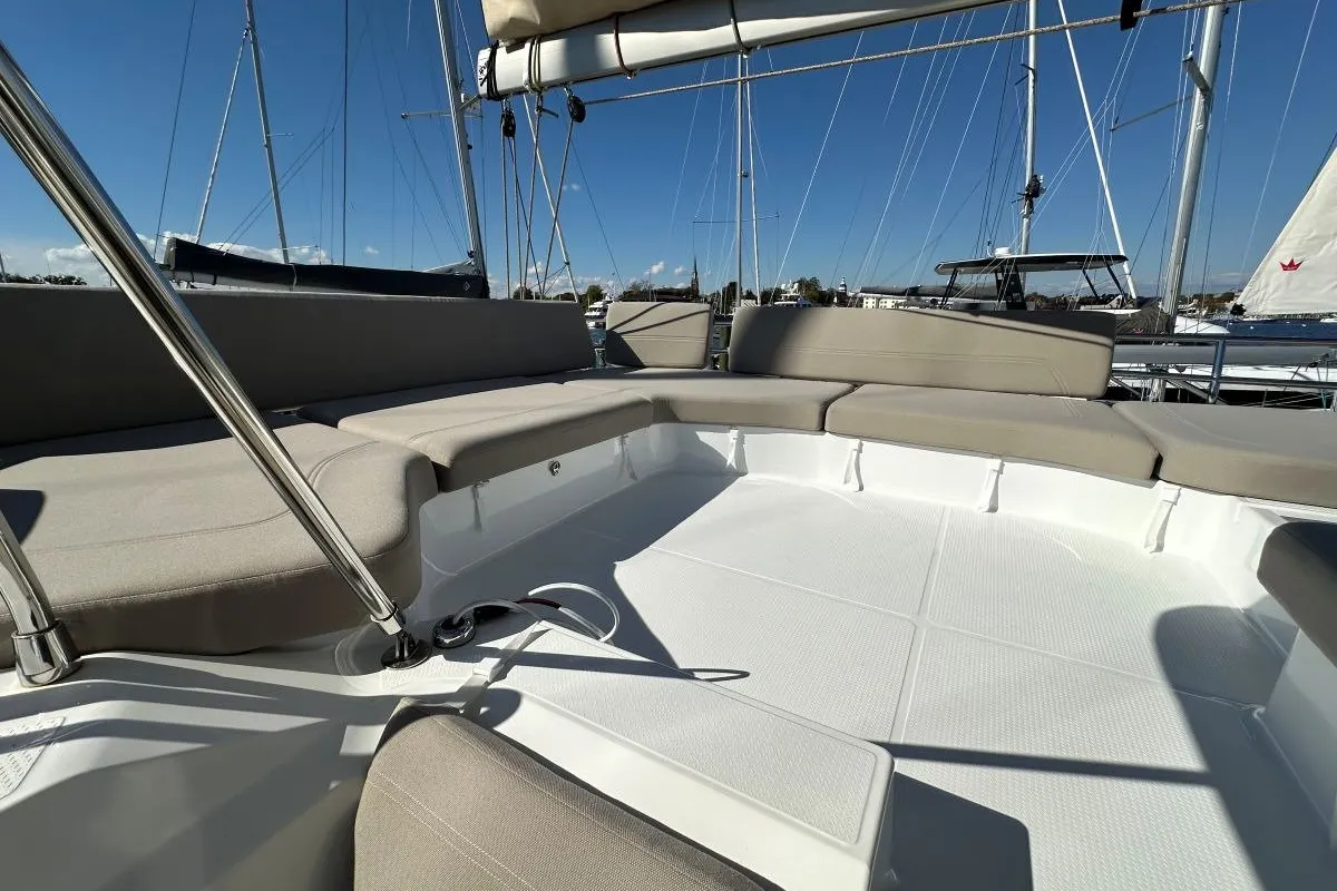 Deck of Selah, a Fountaine Pajot FP 44 Maestro catamaran at Road Town, British Virgin Islands