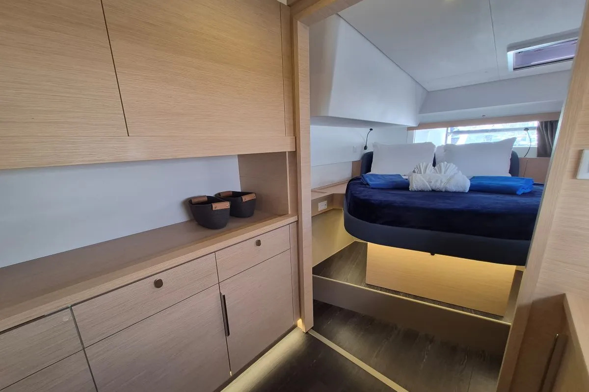 Cabin on Selah, a Fountaine Pajot FP 44 Maestro catamaran at Road Town, British Virgin Islands
