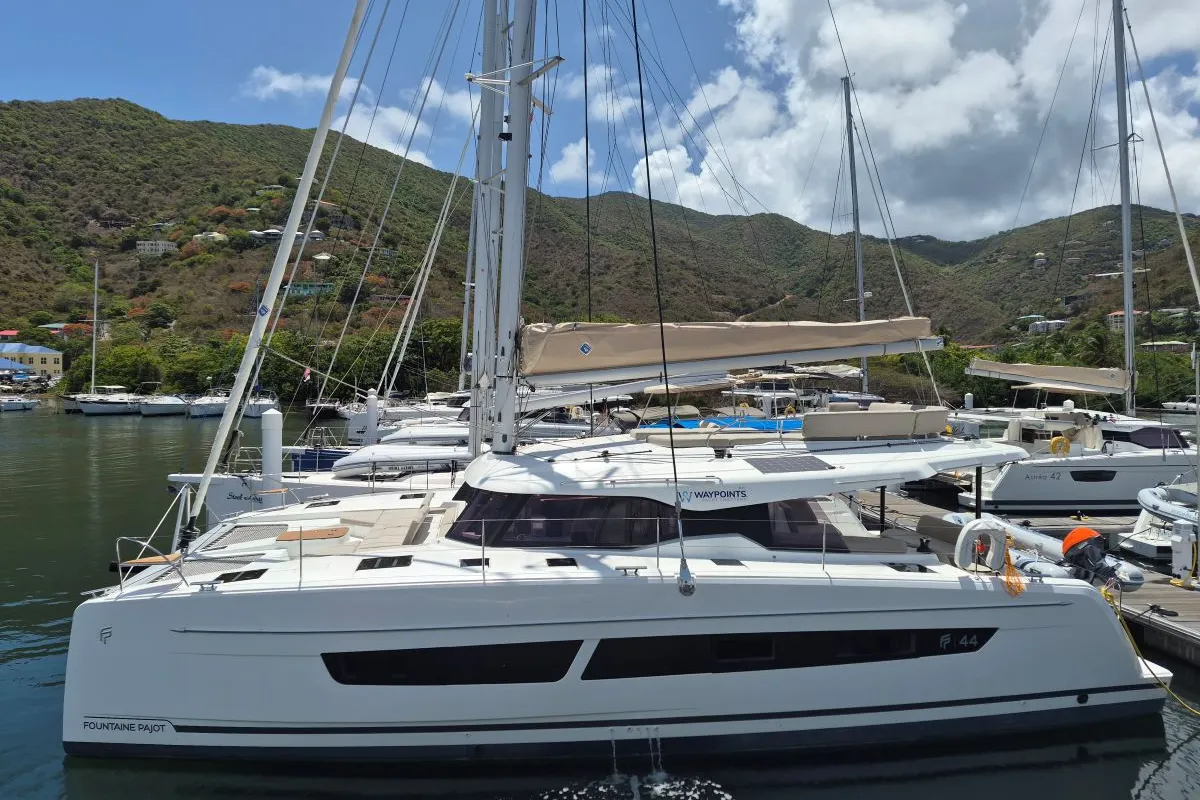 Exterior view of Selah, a Fountaine Pajot FP 44 Maestro catamaran at Road Town, British Virgin Islands