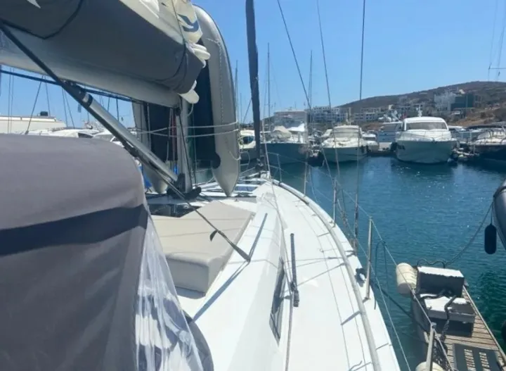 Exterior view of Okeanida, a Hanse 460 sailboat at Lavrion, Greece