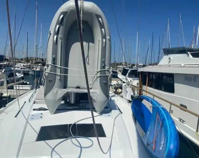 Deck of Okeanida, a Hanse 460 sailboat at Lavrion, Greece