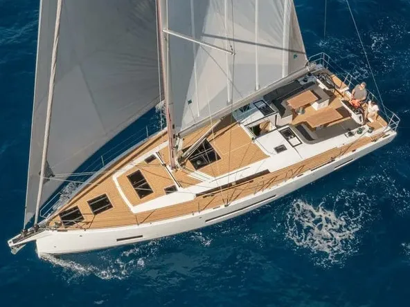 Exterior view of Okeanida, a Hanse 460 sailboat at Lavrion, Greece