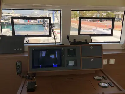Salon of Smajla 2 Sweden, a Lagoon 52 F catamaran at Athens, Greece