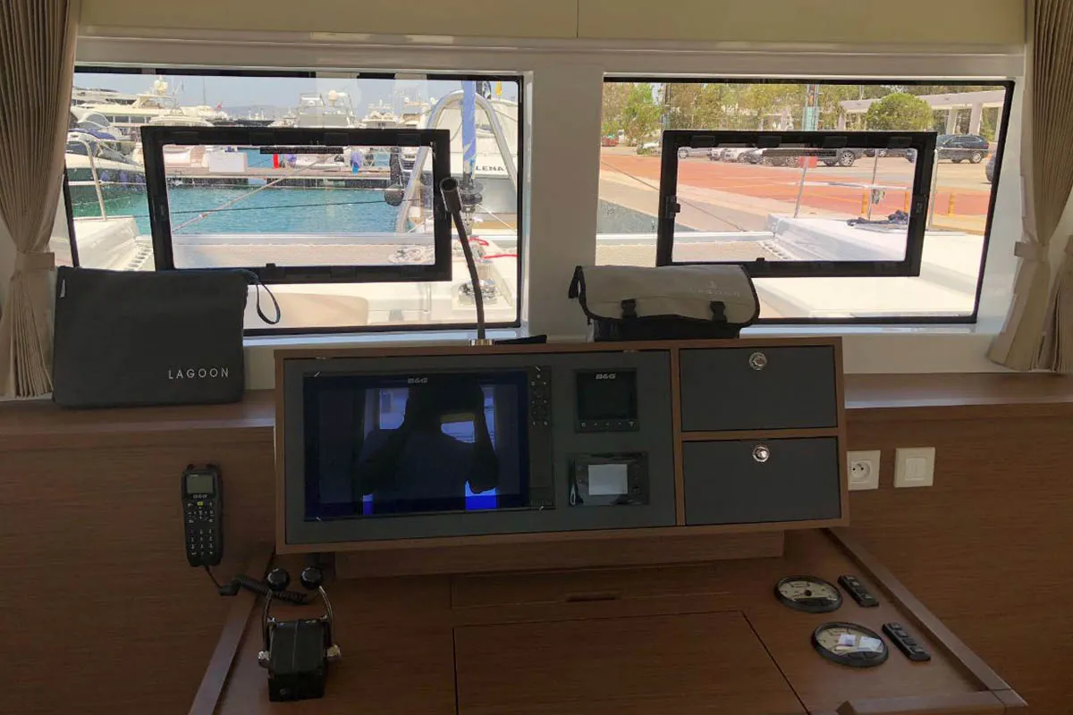 Salon of Smajla 2 Sweden, a Lagoon 52 F catamaran at Athens, Greece