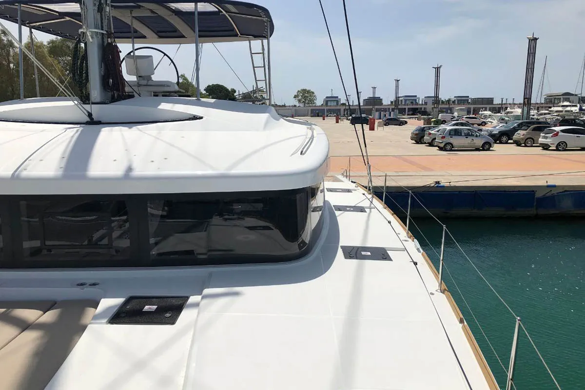 Exterior view of Smajla 2 Sweden, a Lagoon 52 F catamaran at Athens, Greece