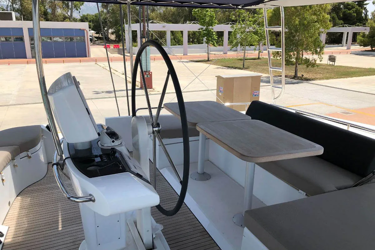 Cockpit of Smajla 2 Sweden, a Lagoon 52 F catamaran at Athens, Greece