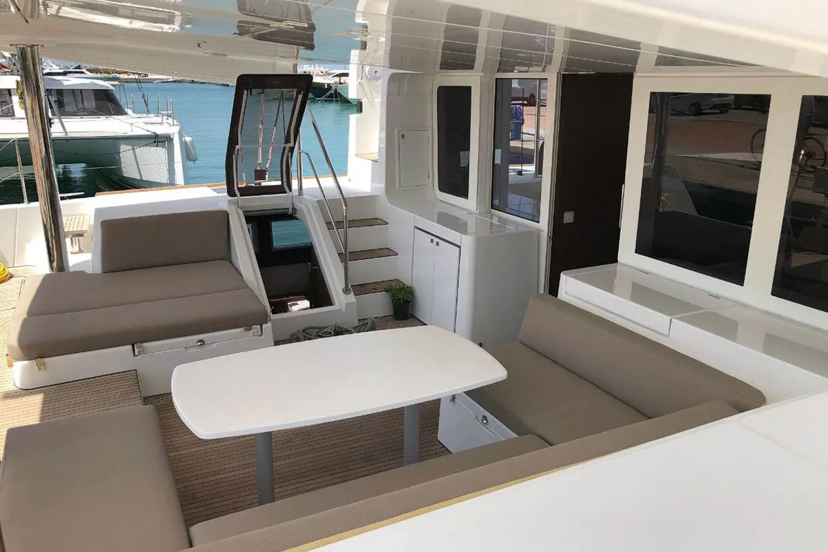 Deck of Smajla 2 Sweden, a Lagoon 52 F catamaran at Athens, Greece
