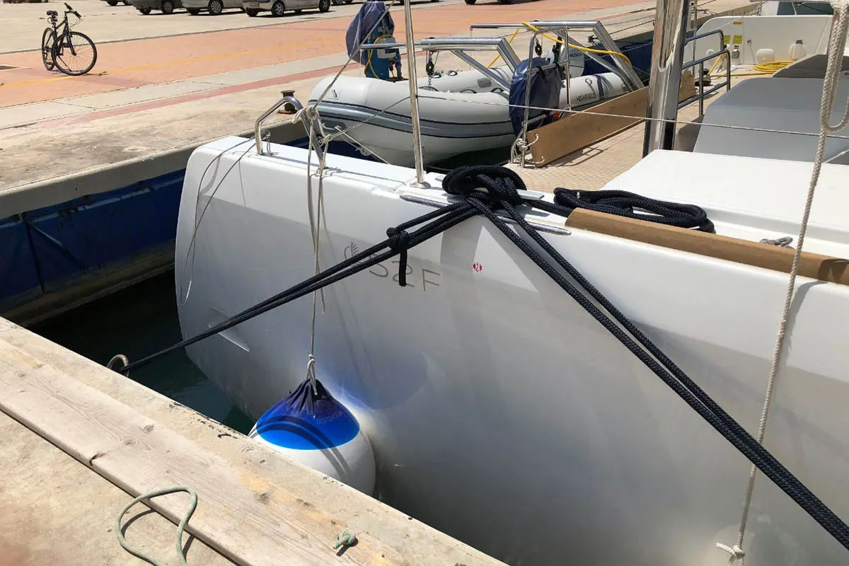 Exterior view of Smajla 2 Sweden, a Lagoon 52 F catamaran at Athens, Greece