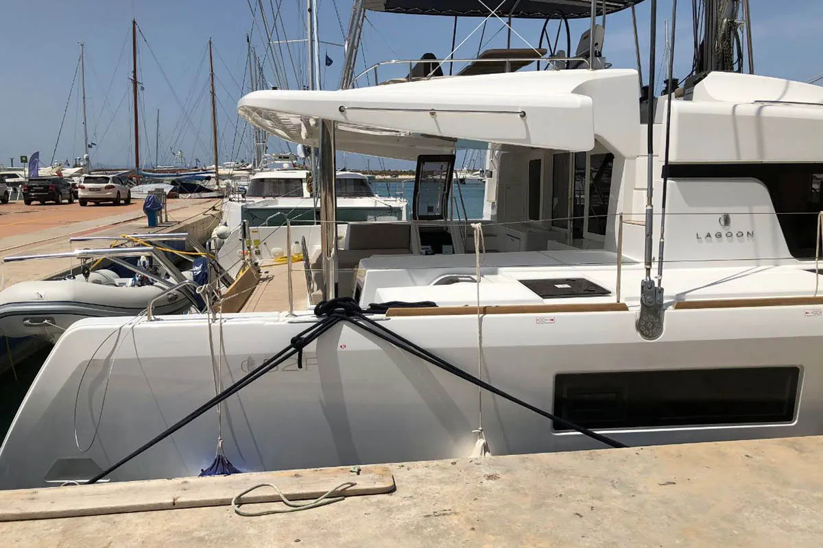 Exterior view of Smajla 2 Sweden, a Lagoon 52 F catamaran at Athens, Greece