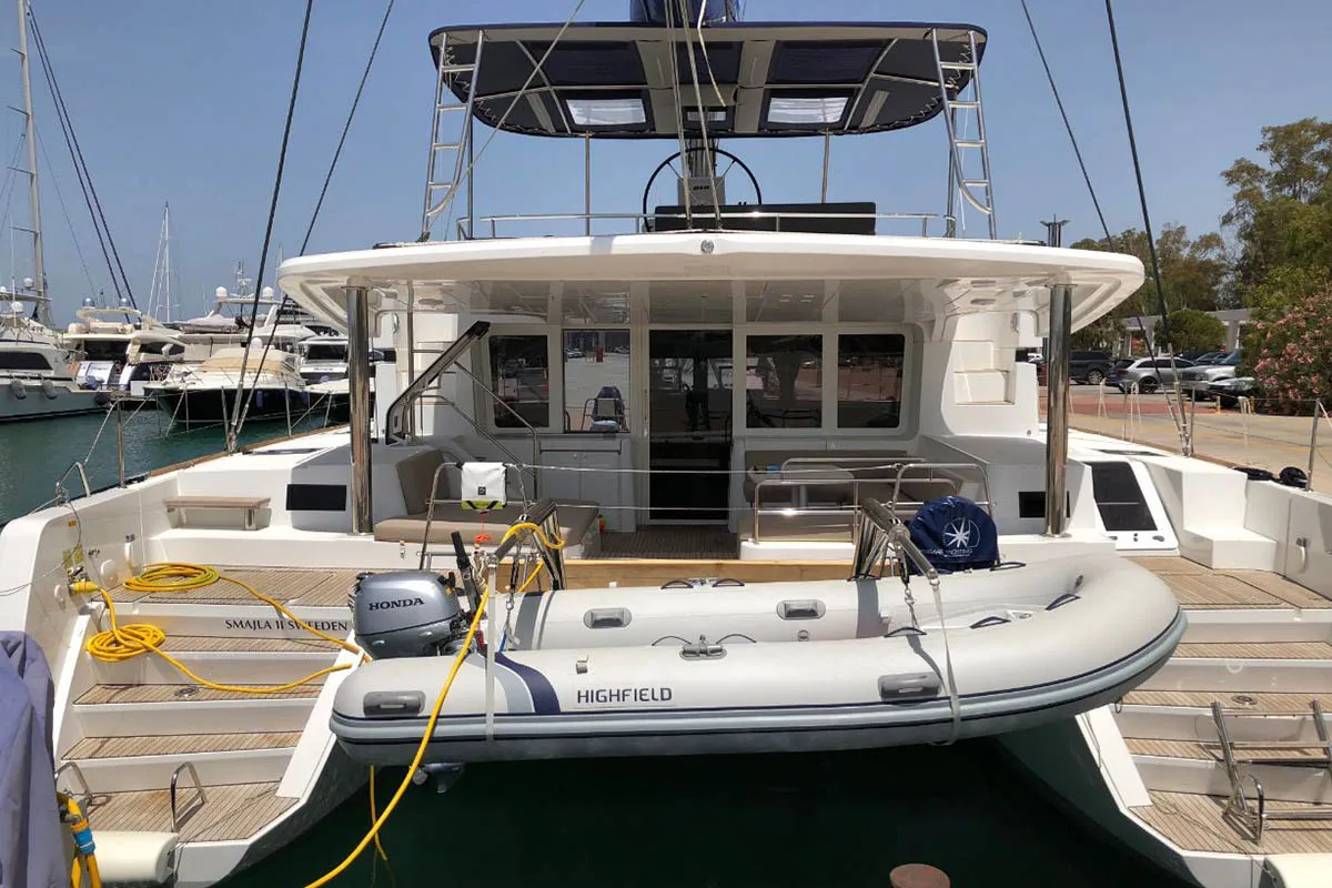 Exterior view of Smajla 2 Sweden, a Lagoon 52 F catamaran at Athens, Greece