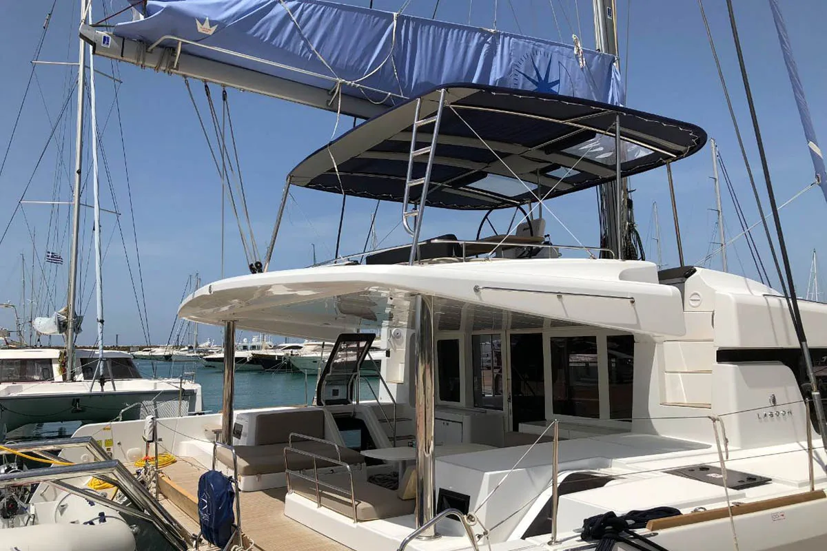 Exterior view of Smajla 2 Sweden, a Lagoon 52 F catamaran at Athens, Greece