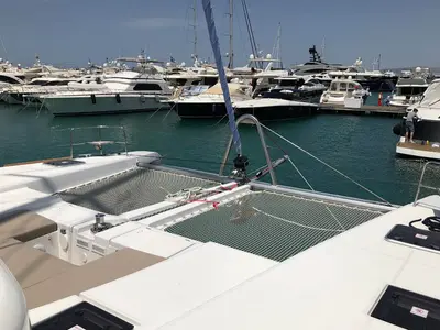 Deck of Smajla 2 Sweden, a Lagoon 52 F catamaran at Athens, Greece